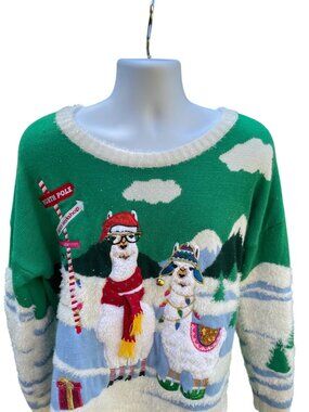 Holiday Llama Ugly Christmas Sweater With North Pole Scene XXL Green Party Funny